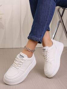 1 Pair Thick Sole Solid White Casual Sneakers, Suitable For All Seasons - Beige - View 5