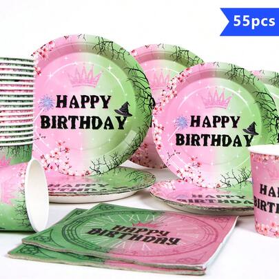 Green & Pink Crown "Happy Birthday" Disposable Plate, Napkin, Cup Set, Serves 10 Guests, Disposable Paper Plates Party Supplies Suitable For Birthday, Wedding, Party, Family Picnic