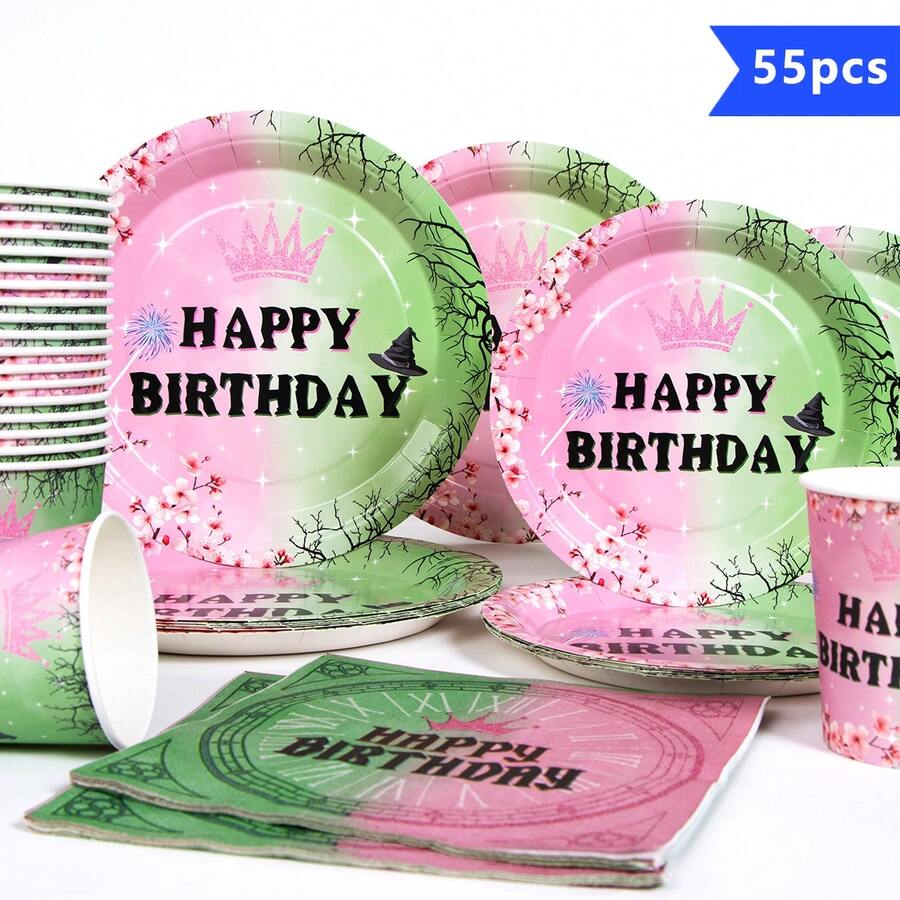 Green & Pink Crown "Happy Birthday" Disposable Plate, Napkin, Cup Set, Serves 10 Guests, Disposable Paper Plates Party Supplies Suitable For Birthday, Wedding, Party, Family Picnic - Multicolor - View 1