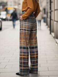 Lightweight Brown Plaid Wide-Leg Trousers For Summer, With Pockets, Versatile For Everyday Wear And Commuting - Màu nâu  Mocha - Xem 9