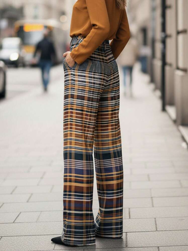 Lightweight Brown Plaid Wide-Leg Trousers For Summer, With Pockets, Versatile For Everyday Wear And Commuting - Mocha Brown - View 9