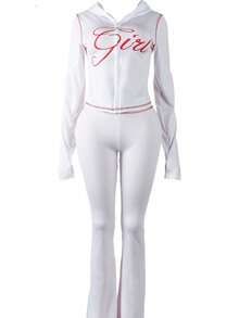 FQLWL Women's Casual Street Style Tracksuit, Printed Zip-Up Hoodie And Pants Set, Long Sleeve 2-Piece Outfit - White - View 2