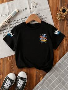 男童字母和滑板印花圆领短袖休闲T恤 - 黑色 - 查看 2