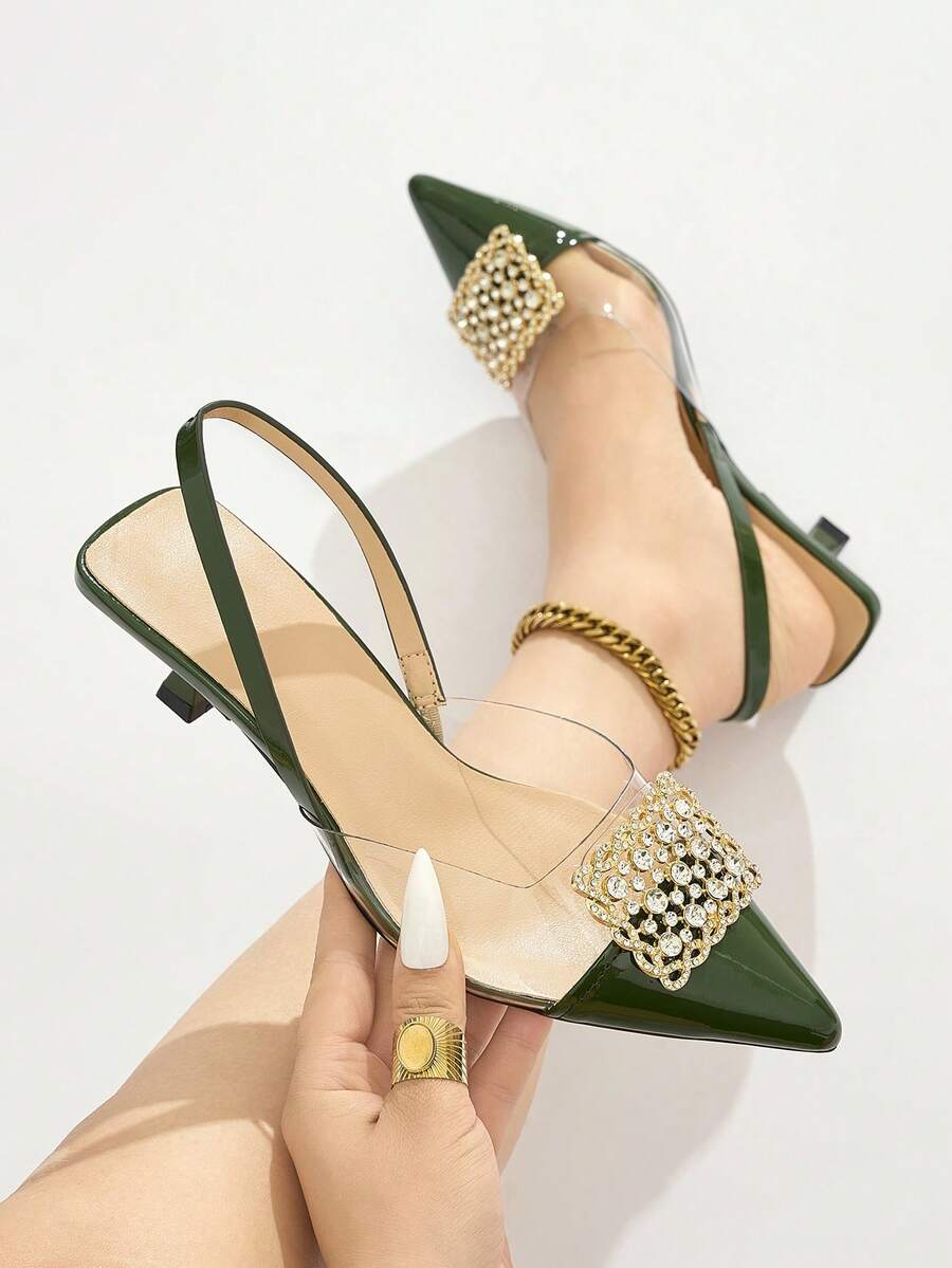 Sepatu hak rendah model slingback dengan hiasan rhinestones untuk wanita, elegan & nyaman, cocok untuk pesta formal, pernikahan, upacara di musim gugur/musim dingin, warna hijau militer, hadiah Hari Ibu.