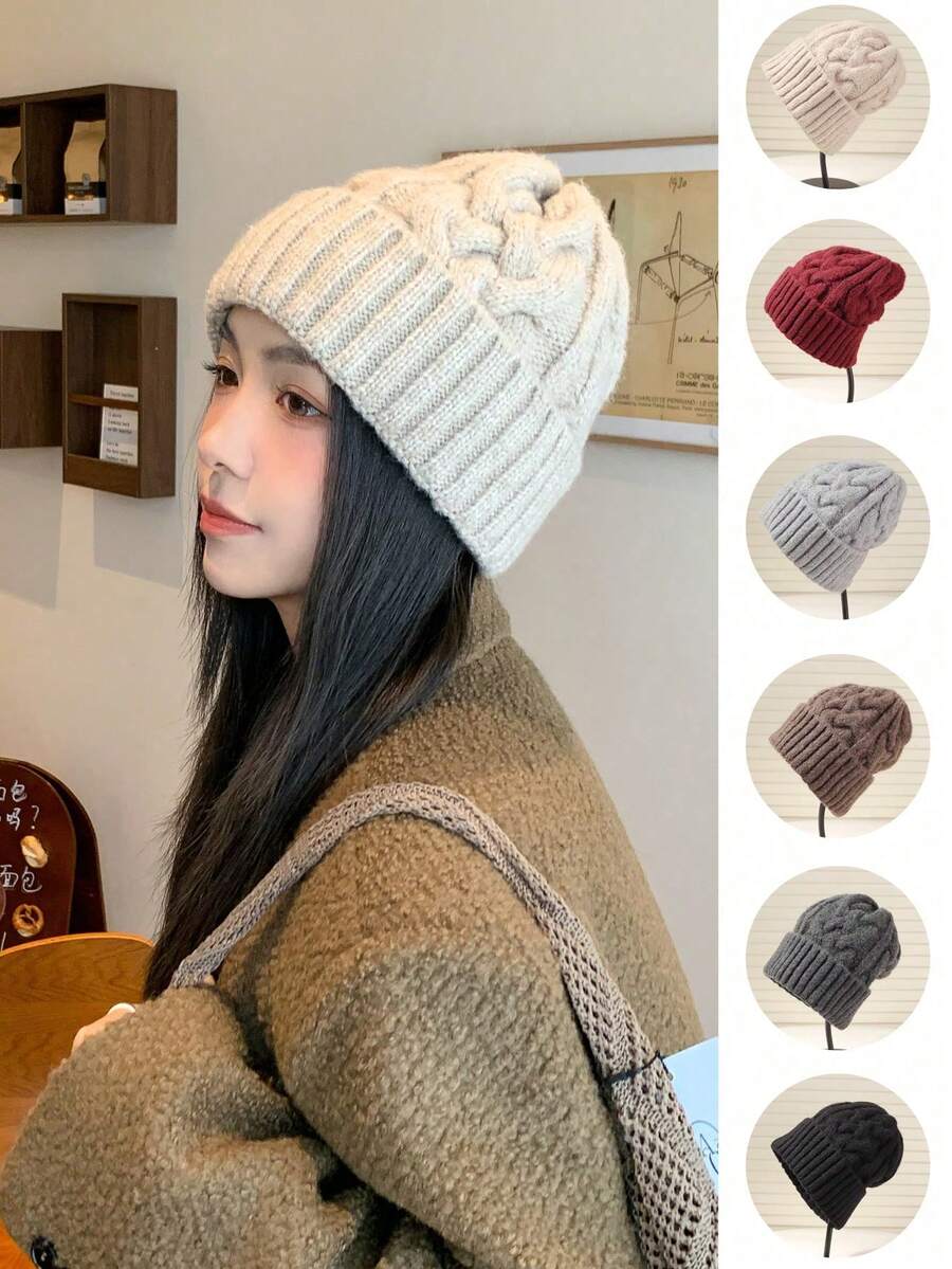 1pc Solid Color Cable Knit Beanie Hat, Flattering, Fashionable & Versatile, Sweet & Cute, Windproof, Insulating & Warm, Soft & Comfortable, Suitable For Outdoor Winter Activities & Cycling - Multicolor - View 1
