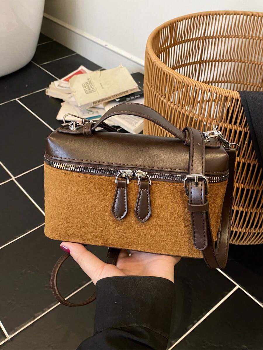 New Matte Patchwork Mini Handbag Crossbody Bag Phone Pouch, Fashionable Commuter Bag - Brown - View 1