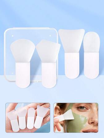 4pcs Mini Silicone Face Mask Brushes, 4 Shaped Brush Heads Suitable For Applying Face Masks, Soft Bristles Fit Face & Eye Area, Evenly Spread DIY Mask, With Storage Box