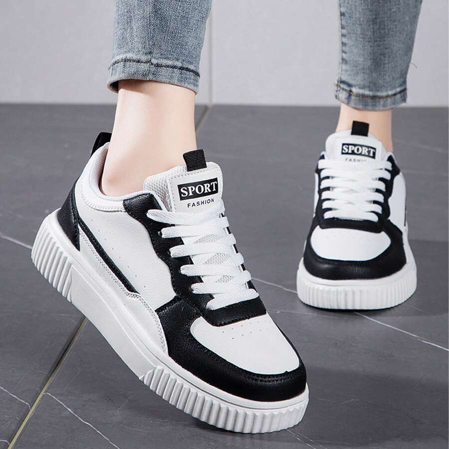 For Everyday Comfort Womens Shoes Color Block Casual Sports Lightweight And Breathable Spring Autumn Chunky Shoes Tennis White Shoes Sneakers Outdoor Office Work Walking Travel Sport - Đen và trắng - Xem 1