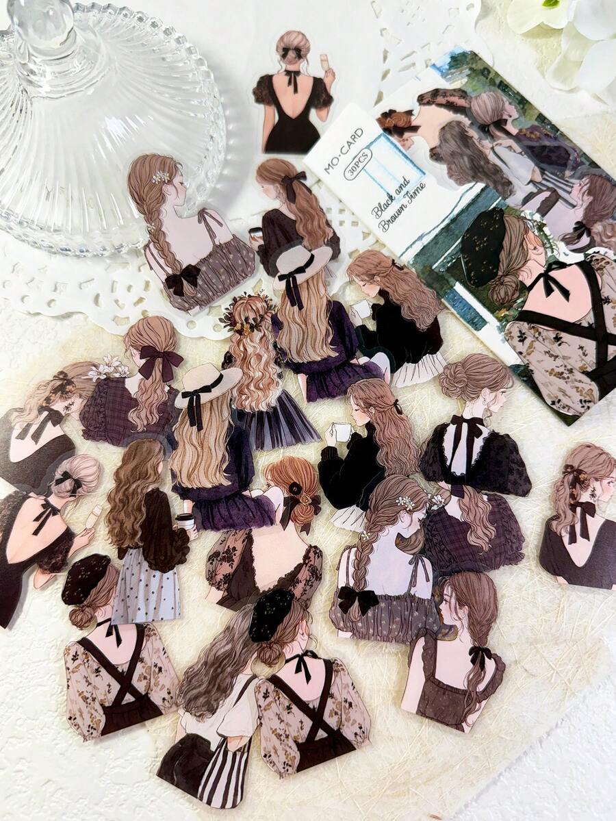 30 pièces/paquet Autocollants silhouette de fille vintage, autocollants décoratifs pour scrapbooking, journal, album photo, fournitures scolaires DIY - Multicolore - Voir 1