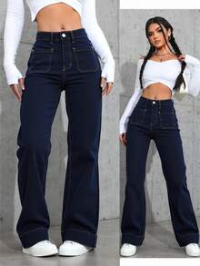 Pantalones vaqueros de piernas anchas para mujeres, tejidos sólidos, botones, materiales opacos y micro - elástico, todos los artículos - Azul vaquero - Ver 1