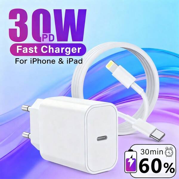30W Carregador PD + Conjunto de Cabo de Carregamento PD de 1M/2M, Compatível com 14 Pro Max/14 Pro/14 Plus/14/13/12/11/XS/XR/Série iPad, Cabo de Dados e Adaptador de Carregamento Rápido Tipo-C, Adequado para Viagem, Escritório, Dormitório e Casa, 1-3 Conjuntos