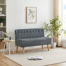 Divano in tessuto a 2 posti, divanetto con effetto lino e gambe in legno, divano moderno da salotto, facile da montare, mini divano 117 x 56 x 78 cm per soggiorno, camera da letto, appartamento, ufficio - Grigio - Visualizzare 1
