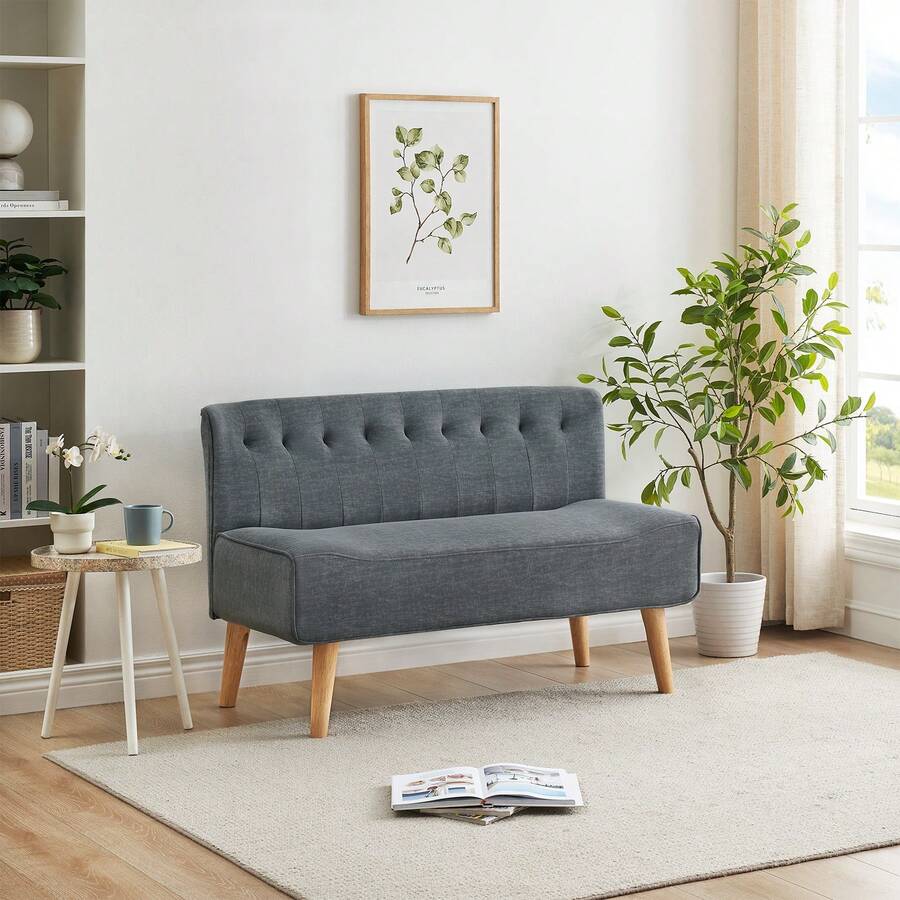 Divano in tessuto a 2 posti, divanetto con effetto lino e gambe in legno, divano moderno da salotto, facile da montare, mini divano 117 x 56 x 78 cm per soggiorno, camera da letto, appartamento, ufficio - Grigio - Visualizzare 1