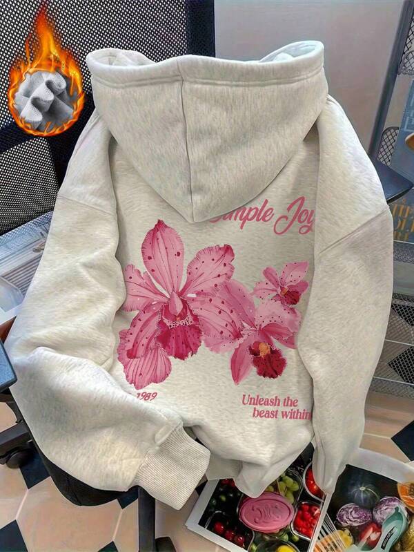 Women's Winter Flower Graphic Long Sleeved Drawstring Hoodie With Pocket ,Casual Loose And Versatile Holiday Style Tops,Fashionable Winter Women Clothes Suitable For Daily Wear