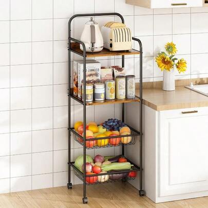 Kitchen Spice TrolleyGILLAS Estante para Cocina con Ruedas 4 Niveles Carrito Organizador de Almacenamiento Cocina con Estante y Cesta Metal NegroKitchen Spice Trolley