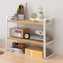 Double-Layer Wooden Desktop Organizer Shelf, Multi-Functional Desk Storage Rack, Small Computer Table Bookshelf, Decorative Partition Display Cabinet Home Office - Gỗ + trắng - Xem 9