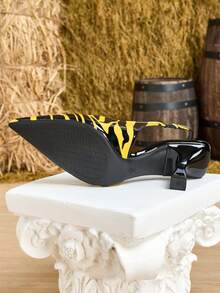 女士尖头小猫跟凉鞋，弹性包头凉鞋，适合工作场合，舒适耐穿的休闲鞋，适合通勤、办公、四季穿着，随机印花格子图案，休闲、通勤、户外，仙女风面料拼接，假日、婚礼、派对、办公、户外、四季皆宜，斑马纹，派对，PU皮革，非尖头，假日、四季皆宜 - 黃色和黑色 - 查看 6