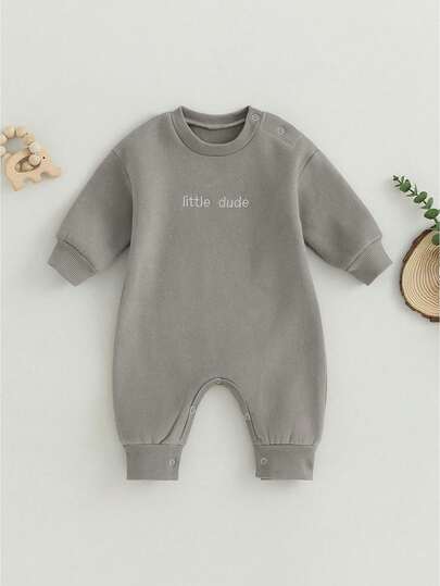 Baby Boys Jumpsuit Cute Letter Embroidery Long Sleeve Round Neck Footless Romper Winter Outfit