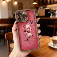 Phone Case With Black Edge And Red Back With Animated Pig And Butterfly Design For Daily Use In Cafes Suitable For Apple Series Phones - White - View 4