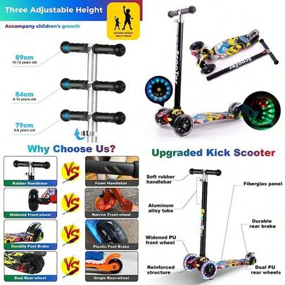Scooters For Boys Girls 3 Wheel Kick Scooter With Light Up LED Wheels Scooter With 3 Adjustable Height Rear Brake Lean To Steer Detachable & Portable Lightweight Design