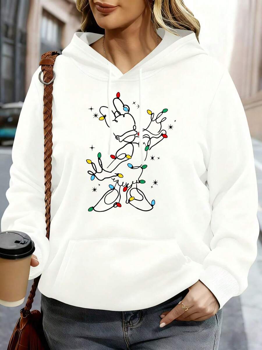 Disney Women Hoodie White Mickey Mouse Christmas Lights Print Casual Streetwear Autumn Winter Outfit - 白色 - 查看 1