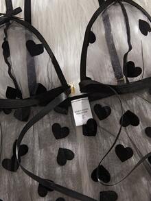 2pcs Women's Sexy Floral Mesh Robe Set, Front Tie Bow Decor Lingerie Set - Black - View 6