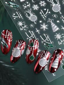 2 Sheets Christmas Nail Art Stickers With Rhinestone, Silver Glitter Snowflake Xmas Tree Pine Branch Bauble Winter Self-Adhesive Nail Decals, DIY Manicure Decorations - Multicolor - View 3