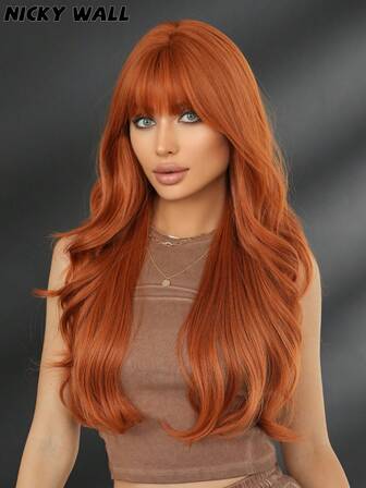 NICKY WALL Orange Peruk Långa Kroppsvågor Peruker För Kvinnor Fluffig Naturlig Lockig Peruk Med Lugg Mode Syntetiska Värmebeständiga Fiberperuker Flickor Cosplay Fest Daglig Användning 28 Tum