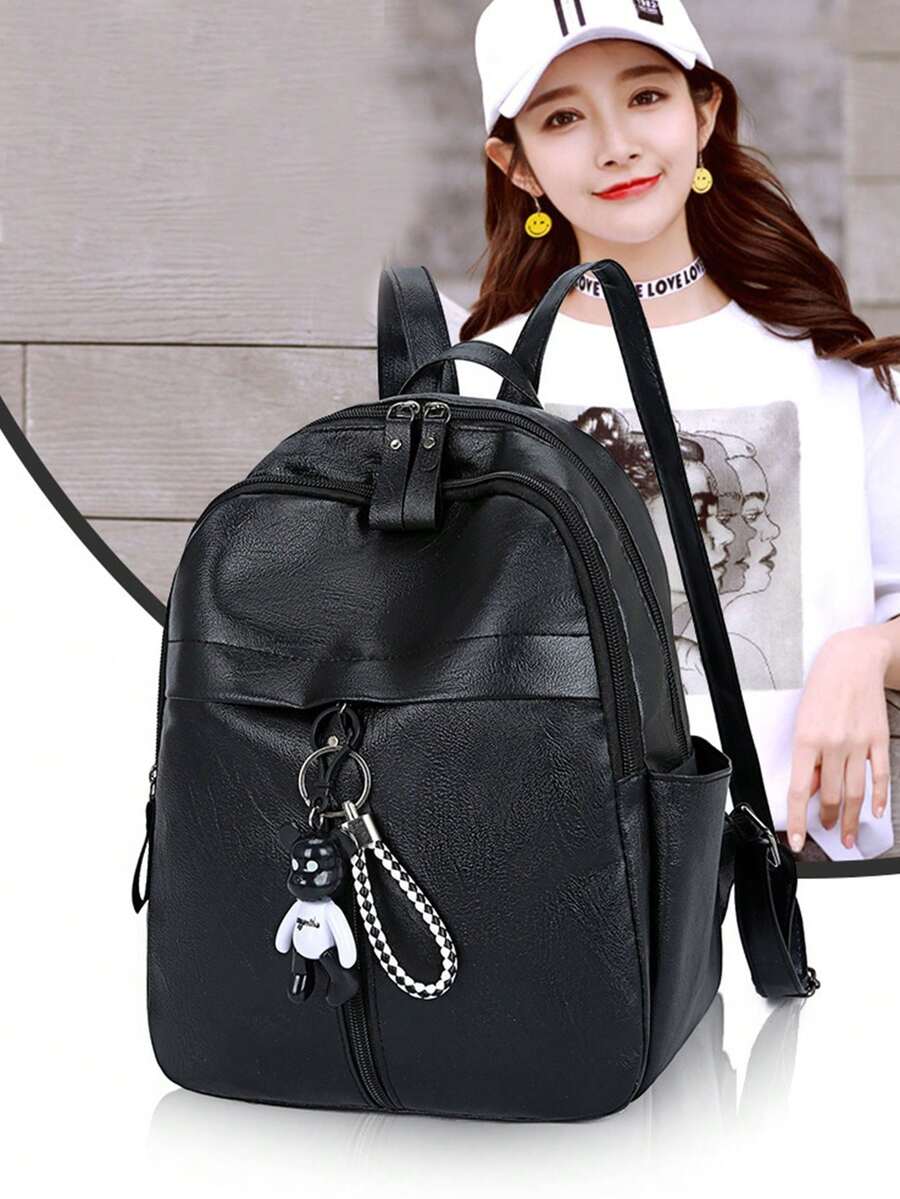 Fashion Pu Leather Backpack For Women - Water-Resistant Casual Daypack With Adjustable Straps, Sewing Thread Design, Polyester Lining, Daily Commute And Travel Bag With Zipper Closure