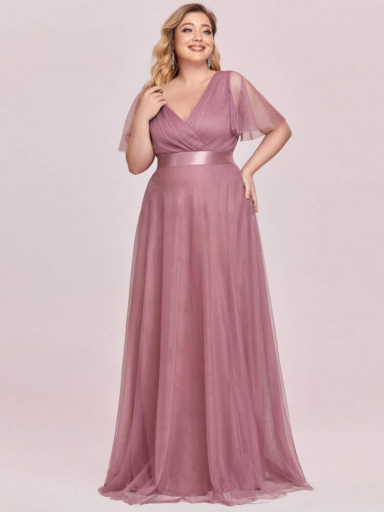 Plus Size Elegant V-Neck Dusty Pink Bridesmaid Long Dress, Ruffle Trim Short Sleeve, Suitable For Wedding, Party Spring - Dusty Pink - View 3