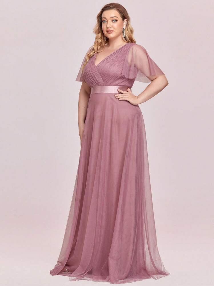 Plus Size Elegant V-Neck Dusty Pink Bridesmaid Long Dress, Ruffle Trim Short Sleeve, Suitable For Wedding, Party Spring - Dusty Pink - View 4