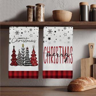 MEMNUN 2pcs Christmas Red & Black Plaid Christmas Tree & Merry Christmas Text Printed Kitchen Towels, 15.75*23.62in (40*60cm) Super Soft Absorbent Microfiber Dish Towels, Dish Cloths, Hand Towels, Christmas Decor, Home Decor, Kitchen Decor, Cooking Baking Tea Towels, Kitchen Accessories, Machine Washable, Suitable For Restaurant, Kitchen, Christmas Holiday Decoration And Gifts, All Season
