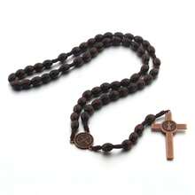 New Style 8mm Olive Wood Rosary Cross Necklace, Long Length, Natural Wooden Beads, Hand-Woven Beaded Bracelet/Necklace - 咖色 - 查看 3
