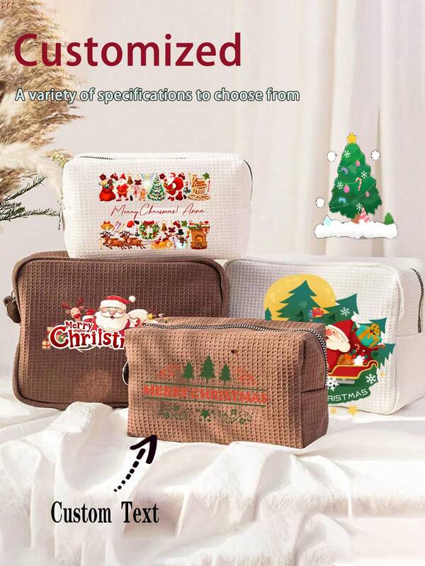 Bolsa de maquillaje personalizada de gofre para viajes - Regalo de temporada de graduación, bolsa de maquillaje personalizada con letra, bolsa de tocador bordada, se puede elegir personalizar con imágenes navideñas y también personalizar el texto, regalo de dama de honor, regalo de boda, regalo para damas, bolsa de maquillaje