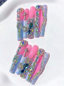10pcs Y2K Cute Extra Long Coffin Shape Pink Luxury French Handmade Press On Nails, With 3D Relief Pattern, Pink Bow, High-Quality Diamond Decoration; Nail Supplies, Acrylic Nails, Homemade Nails, DIY, Nail Art, Acrylic False Nails; Suitable For Vacation, Birthday, Parties, Daily Wear; Includes 1pc Jelly Glue & 1pc Mini File - Multicolor - View 3