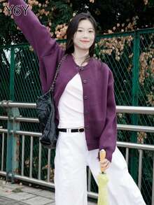 Y6Y 2026 New Autumn/Winter Korean Style Purple Women's Lazy High-End Loose Slimming Knit Sweater Cardigan Jacket - Purple - View 9
