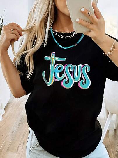 Camiseta estampada con la letra JESUS, camiseta casual de cuello redondo y manga corta para primavera y verano, ropa de mujer.