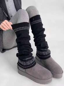 1 Pair Multicolor Korean Style Fair Isle Knit Leg Warmers For Women, Thick Knit Snowflake Design, Slimming & Warm, Grey, Cozy - Multicolor - View 12