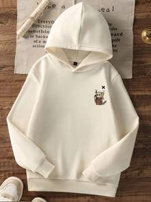 1pc Tween Boy Casual Printed Pullover Sweatshirt, Thermal Lined, Long Sleeve, Autumn/Winter - Apricot - View 3