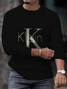 男士3D数码印花长袖T恤 - 圆领休闲上衣，采用时尚字体设计，轻盈透气的弹力面料，适合春秋季日常穿着，舒适度高 | 现代休闲风 | 适合作为送给父亲或男友的节日礼物 - 黑色 - 查看 2