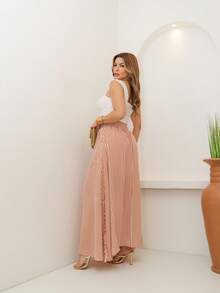 AMY FASHION STRIPED LENGTH SKIRT WITH SLIT AND BAG, THICK WAIST, 2025 FASHION - Brown - View 6