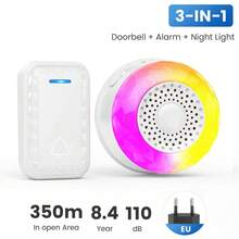 3-In-1 Wireless Doorbell Alarm, 350M Long Range Home Welcome Doorbell, Siren Alarm Doorbell, 62 Melodies, 6 Flashing Modes, Suitable For Indoor/Outdoor/Bedroom/Living Room/Yard/Garage - White - View 10