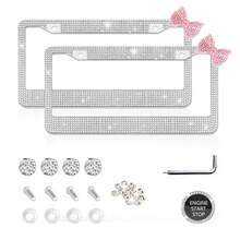 2PCS Pink Heart Diamond License Plate Frame, Glitter Rhinestone Stainless Steel Car Accessories, Girls Exclusive Auto Decor, US Standard Size, Fashion Vehicle Upgrade, Durable Rustproof, Birthday/Holiday Gift - 白色和粉紅色蝴蝶結 - 查看 7