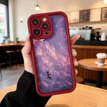Cubierta de teléfono con borde negro y diseño de cielo púrpura con nubes y persona en columpio para uso diario en cafeterías y espacios interiores Aplicable a los teléfonos de la serie Apple y Galaxy - Negro - Ver 5