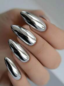 24片/套 Y2K 长杏仁银色魔法金属铬闪亮中杏仁按压式美甲贴纸，全息美甲闪粉美人鱼镜粉珍珠极光人造假指甲，包含1片果冻胶和1把指甲锉。银色和铬色美甲贴纸会让你的指尖闪耀动人，非常适合女性和女孩日常工作和参加锐舞派对。 - 銀色 - 查看 2