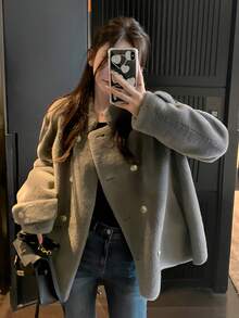 Elegant Winter Women Coat Fashion Grey Fuzzy Coats Chic Party Prom Fluffy Fur Jackets Long Sleeve Fur Jacket Female New Streetwear Going Out Tops With Pocket Warm Thick Halloween Christmas New Year Clothes Thanksgiving Outfit