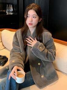 Elegant Winter Women Coat Fashion Grey Fuzzy Coats Chic Party Prom Fluffy Fur Jackets Long Sleeve Fur Jacket Female New Streetwear Going Out Tops With Pocket Warm Thick Halloween Christmas New Year Clothes Thanksgiving Outfit