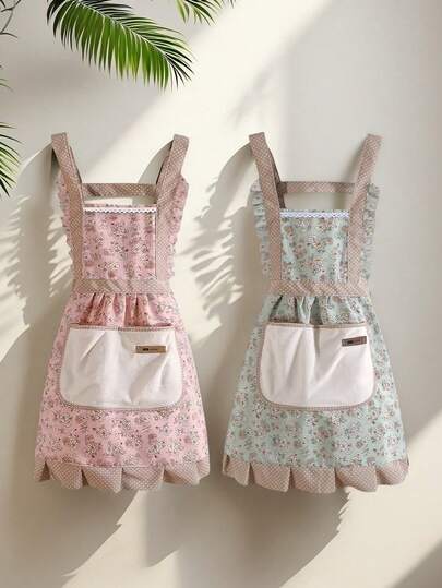 1pc Waterproof And Oil Resistant Canvas Apron - Floral Design, Adjustable Belt, Breathable Fabric, New Kitchen Home Cooking Oil And Stain Proof Scarf