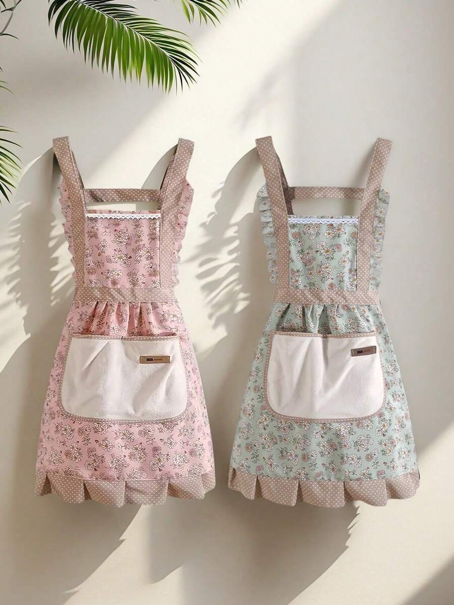 1pc Waterproof And Oil Resistant Canvas Apron - Floral Design, Adjustable Belt, Breathable Fabric, New Kitchen Home Cooking Oil And Stain Proof Scarf - Multicolor - View 1