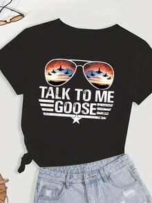 Camiseta Talk to Me Goose Gafas Avión, dise?o de película y aeronáutico Camiseta casual de manga corta de algodón puro y suave, 220 gramos por metro cuadrado - Negro - Ver 1